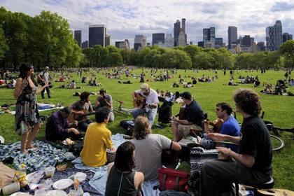Etats-Unis, New York, Manhattan, Central Park, un dimanche sur le Sheep Meadow, rencontre d'un groupe d'ami musiciens