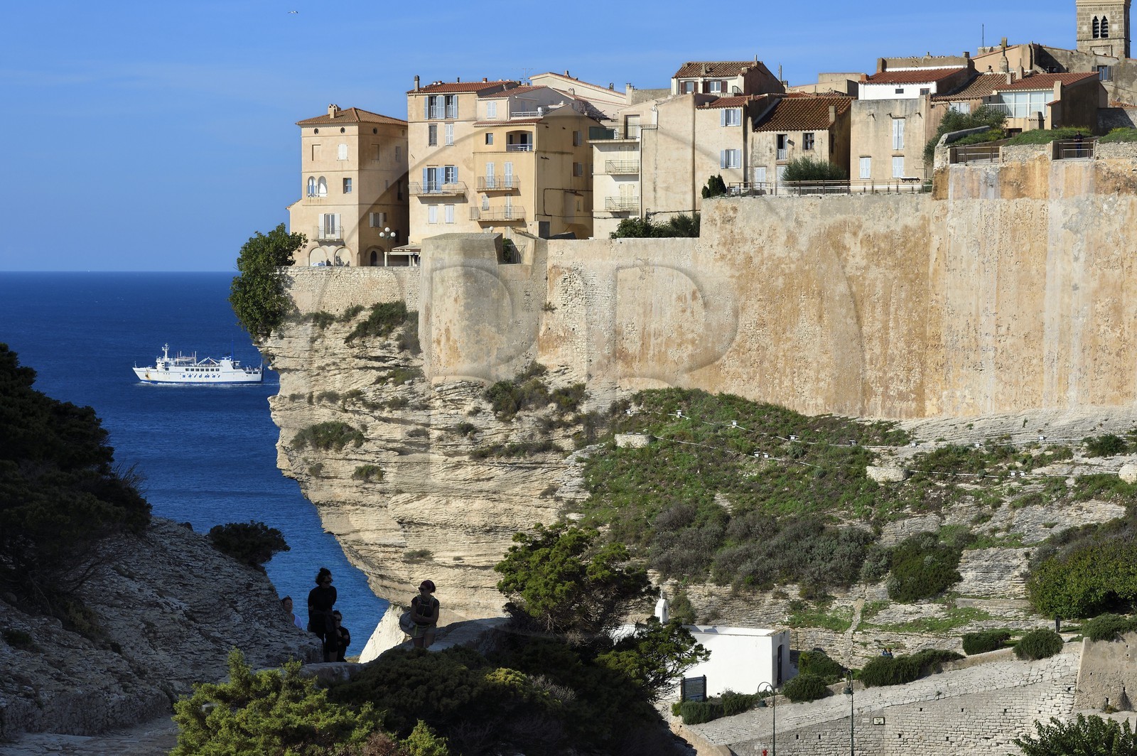 France, Corse-du-Sud (2A), Bonifacio, la vieille ville ou Haute Ville perchée sur des falaises de calcaire de plus de 60 mètres de haut et sortie du ferry de liaison avec la Sardaigne