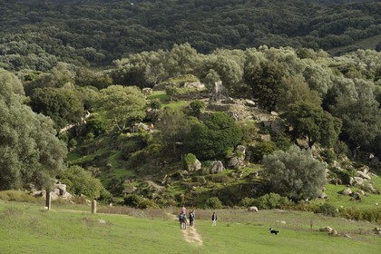 France, Corse-du-Sud (2A), site préhistorique de Filitosa, alignement de statues menhirs et l'oppidum en arrière plan