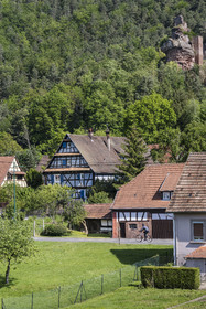 France, Bas-Rhin (67), Parc naturel régional des Vosges du Nord, Obersteinbach, le village dominé par les ruines du chateau du Petit-Arnsberg perché sur un rocher de grès