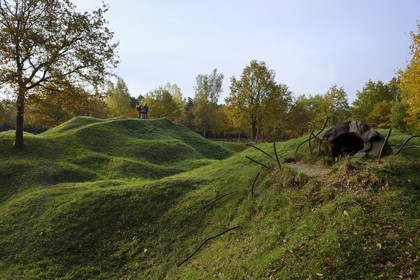 France, Meuse (55), Douaumont, paysage marqué par les trous d'obus encore un siècle après la bataille de Verdun, ouvrage de Thiaumont en bordure de l'ossuaire de Douaumont, les restes déchiquetés d'une tourelle d'observation cuirassée