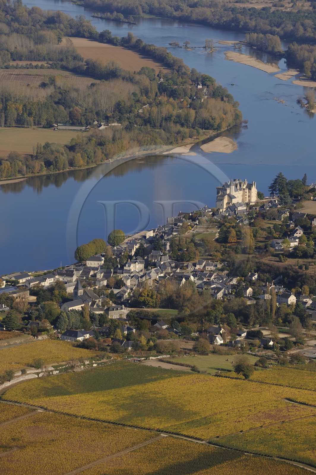 France, Maine-et-Loire (49), Vallée de la Loire, Montsoreau, labellisé Les Plus Beaux Villages de France, château au bord de la Loire (vue aérienne)