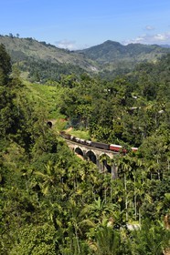 Sri Lanka, Province d'Uva, train sur la voie de chemin de fer dans la région montagneuse de la culture du thé entre Badulla et Ella, le Pont aux Neuf Arches (1921) non loin de Ella