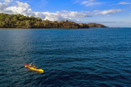 France, Ile de Mayotte, Grande-Terre, Nyambadao, kayak en bordure de la plage de Sakouli (vue aérienne)