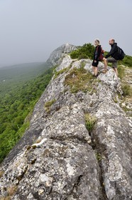 France, Var (83), Plan-d'Aups-Sainte-Baume, parc naturel régional de la Sainte-Baume, Massif de la Sainte-Baume, randonneurs sur le GR 98 au sommet de la falaise dominant la forêt relique et la chapelle du Saint-Pilon en arrière plan