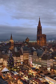 France, Bas-Rhin (67), Strasbourg, vieille ville classée au Patrimoine Mondial de l’UNESCO, le Grand Sapin de Noël sur la place Kléber et la cathédrale