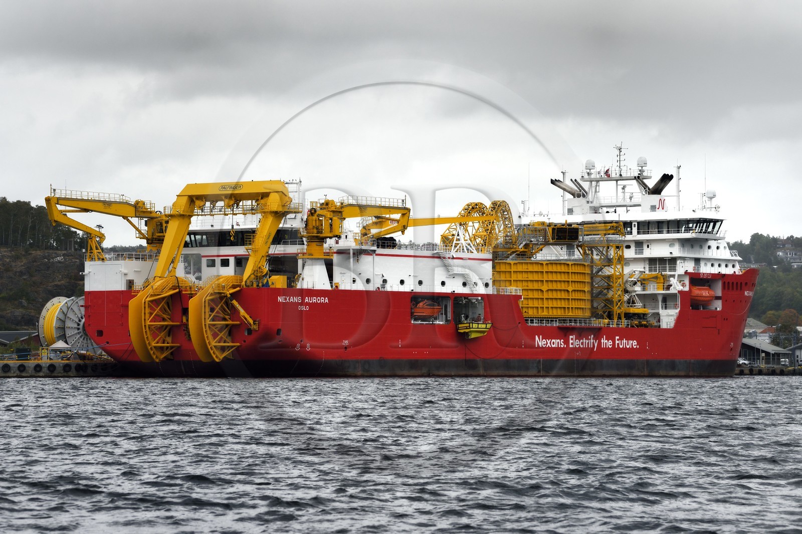 Norvège, comté d'Ostfold, Halden, navire cablier Nexans Aurora, navire de pose de cables électriques, de raccordement et de réparation de ces cables sous-marins