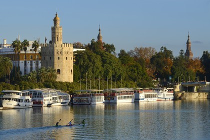 Espagne, Andalousie, Séville, en bordure du fleuve Guadalquivir, la Tour de l'Or (Torre del Oro), ancienne tour d'observation militaire construite au début du XIIIe siècle reconvertie en musée maritime