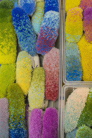 France, Hérault (34), Lodève, Manufacture de la Savonnerie unique annexe de la Manufacture Nationale de tapis de la Savonnerie des Gobelins, pompons échantillons de couleurs de laine