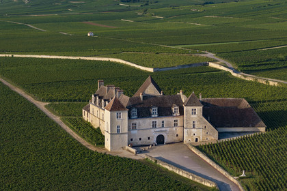 France, Côte-d'Or (21), Paysage culturel des climats de Bourgogne classés Patrimoine Mondial de l'UNESCO, Route des Grands Crus, vignoble de la Côte de Nuits, Vougeot, le Chateau du Clos de Vougeot entouré par le vignoble (vue aérienne)