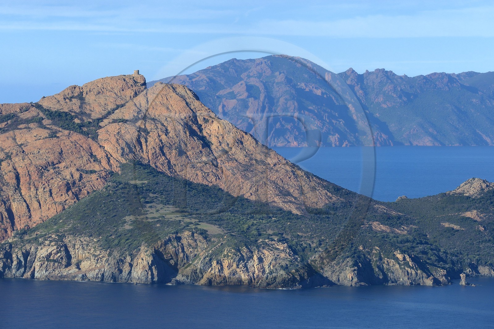 France, Corse-du-Sud (2A), Golfe de Porto, classé Patrimoine Mondial de l'UNESCO, le Capo Rosso et la Tour Génoise de Turghiu (Turghio) en arrière plan (vue aérienne)