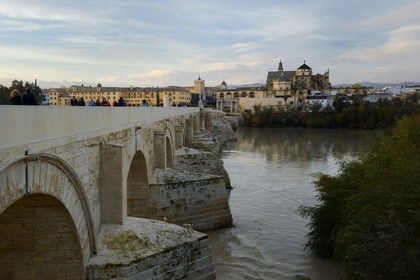 Espagne, Andalousie, Cordoue, centre historique classé Patrimoine Mondial de l'UNESCO, le pont romain sur le Guadalquivir du Ier siècle avant JC et la mosquée cathédrale