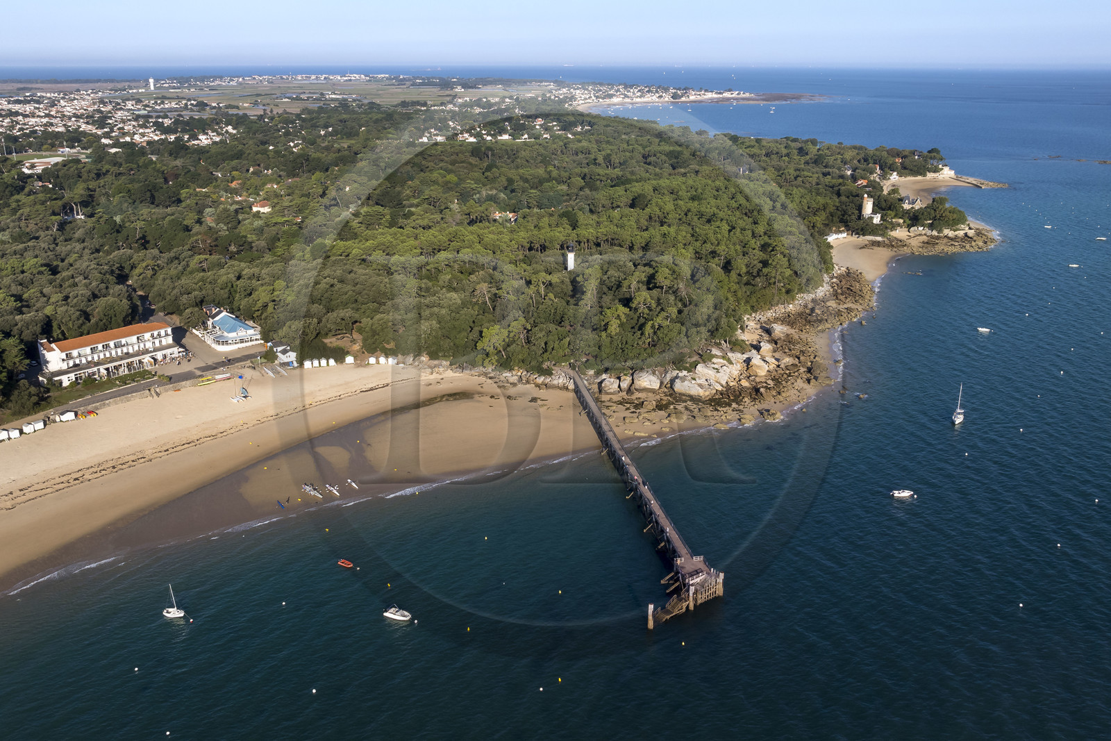 France, Vendée (85), Ile de Noirmoutier, Noirmoutier-en-l'Ile, le Bois de la Chaise, la plage des Dames et son estacade (vue aérienne)