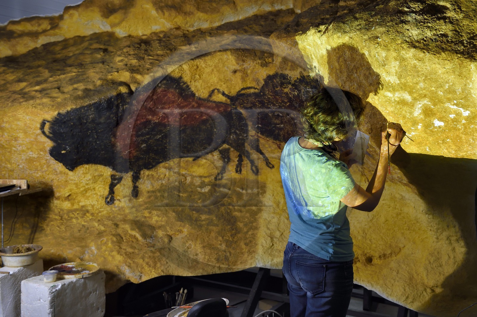 France, Dordogne (24), Montignac, l’Atelier des Fac-Similés du Périgord (AFSP) spécialisé dans la reproduction minérale de parois ornées de la préhistoire et en charge de la reconstitution fidèle des parois de la grotte de Lascaux, reproductions des peintures, mention obligatoire Atelier des Fac-Similés du Périgord