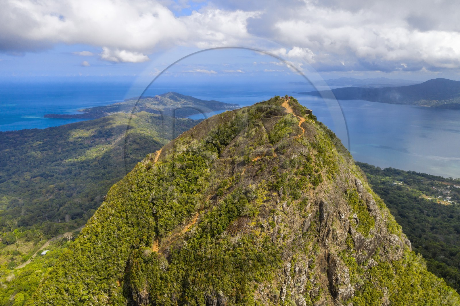 France, Ile de Mayotte, Grande-Terre, Réserve Forestière des Cretes du Sud, le Mont Choungui (594 mètres) et la Baie de Bouéni en arrière plan (vue aérienne)