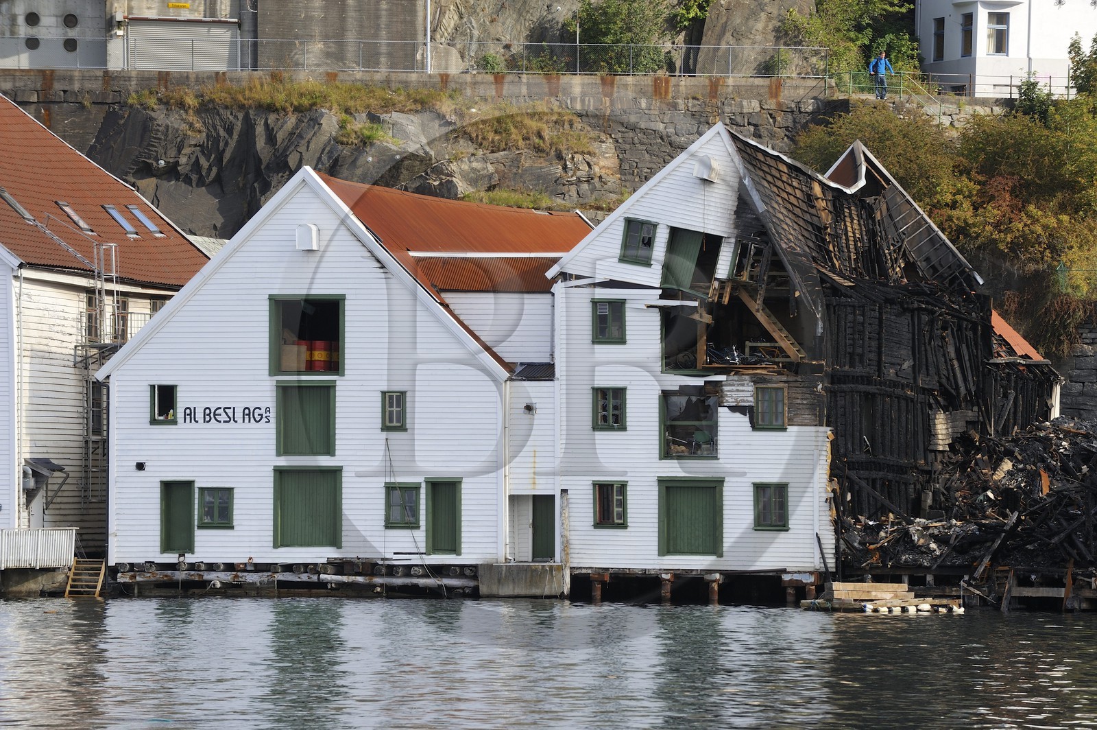 Norvège, Hordaland, Bergen, maison en bois historique après un incendie dans le quartier de Skutetiken