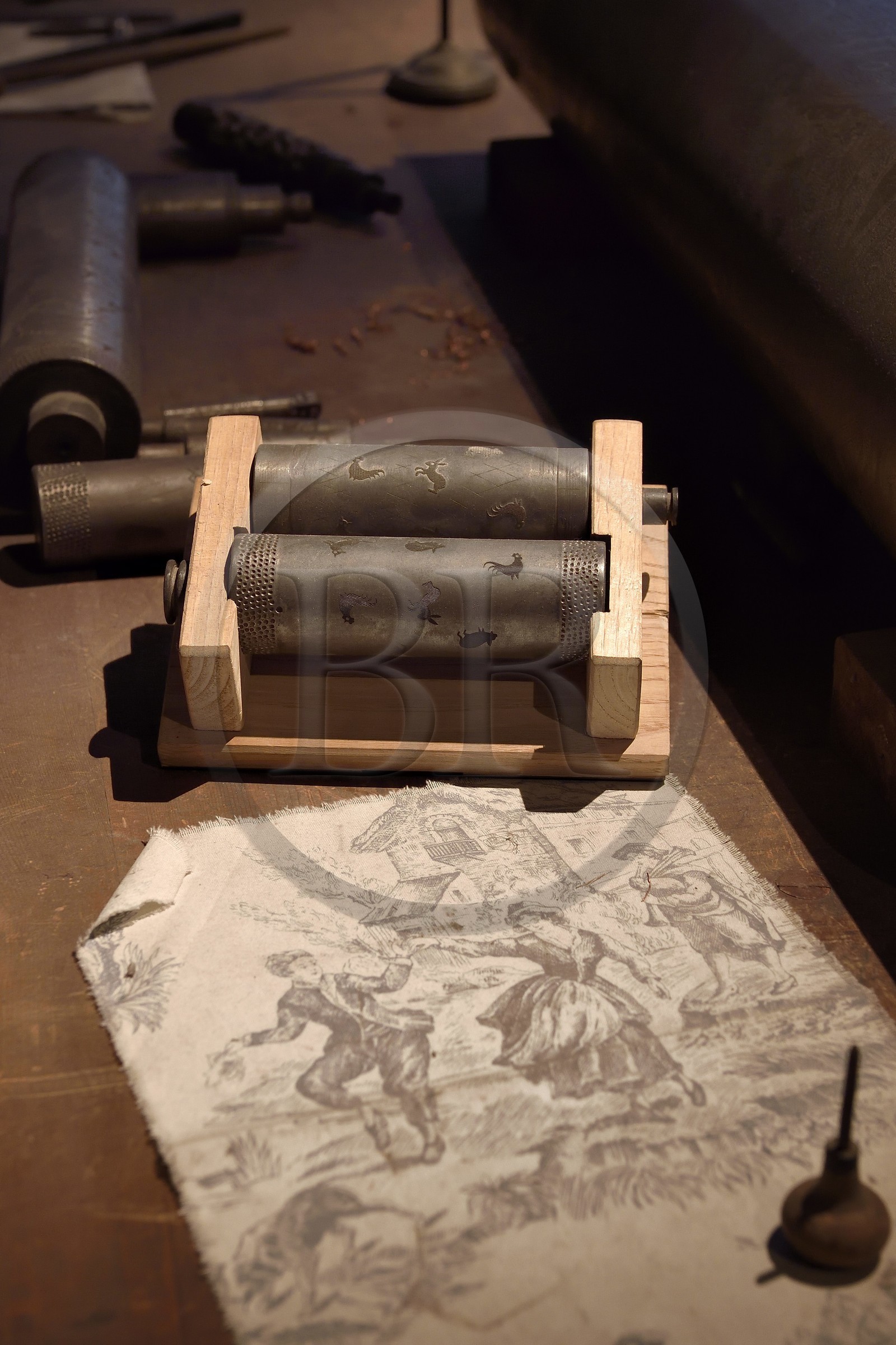 France, Haut-Rhin (68), Husseren-Wesserling, parc de Wesserling, musée du Textile, gravure sur cuivre