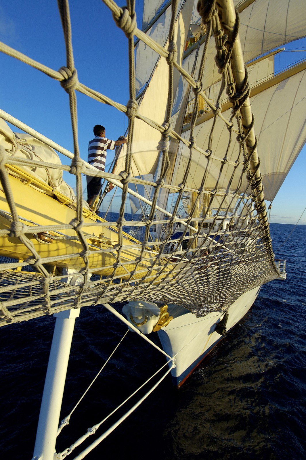 Caraïbes, le SPV Royal Clipper toutes voiles dehors, manoeuvres autour des focs à l'avant du navire