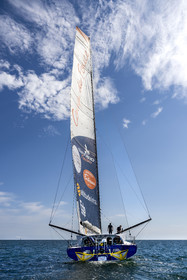 France, Vendée (85), Les-Sables-d'Olonne, le skipper Manuel Cousin en entrainement sur son voilier monocoque de 60 pieds IMOCA Coup de Pouce