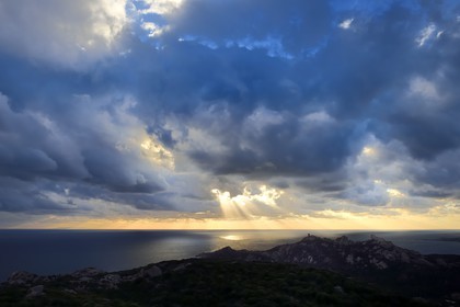 France, Corse-du-Sud (2A), le site naturel de Cala de Roccapina, la tour génoise et le rocher du Lion