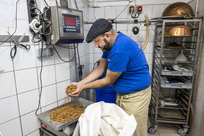 France, Vaucluse (84), Saint Didier, dans l'atelier de fabrication des Nougats Silvain, paysans nougatiers, Charles-Henri Bagnol confectionne une plaque de nougat noir, pesée des amandons grillés