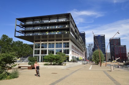 France, Bas-Rhin (67), Strasbourg, amenagement du port du Rhin et reconversion du mole du Bassin d'Austerlitz, presqu'ile Malraux, ancien entrepot du Mole Seegmuller transformé en commerce et appartements d'habitation, immeubles les Black Swans par l’architecte Anne Demians en arrière plan