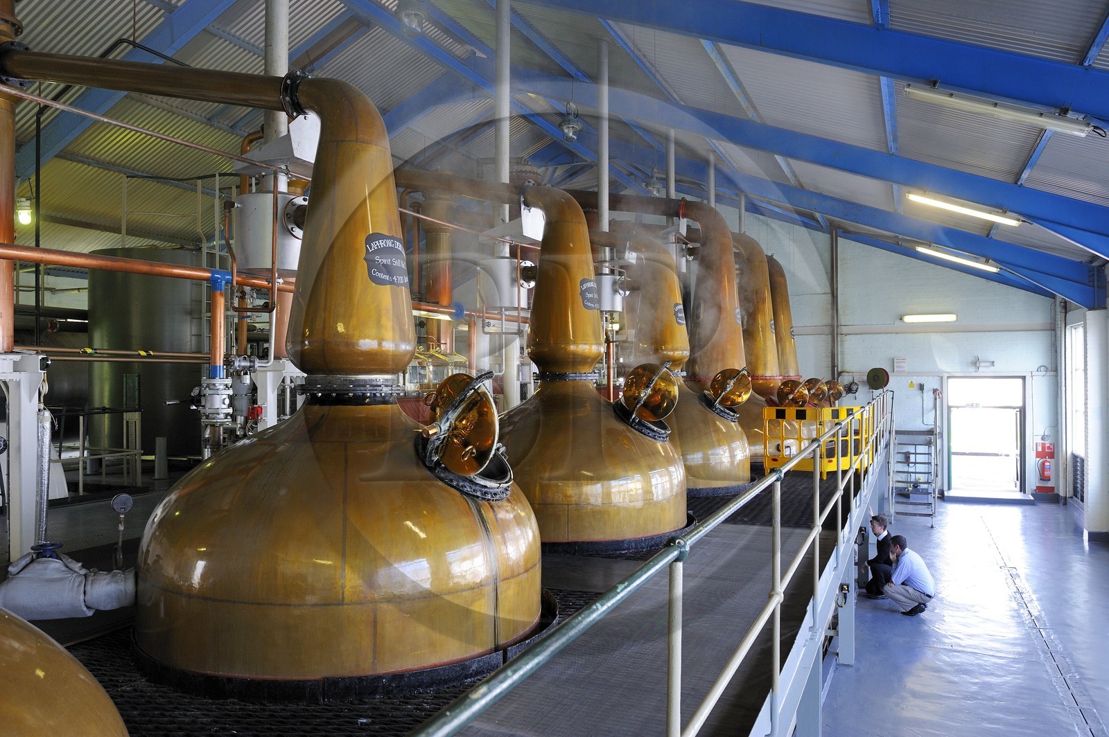 Royaume-Uni, Ecosse, Hébrides intérieures, Ile de Islay, Port Ellen, distillerie de whisky Laphroaig, distillation du wash dans des alambics en cuivre Pot-stills