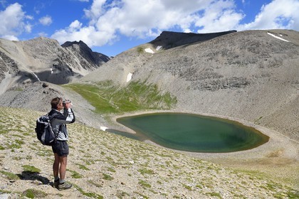 France, Alpes-de-Haute-Provence (04), Uvernet-Fours, parc national du Mercantour, vallée de l'Ubaye, sentier de randonnée du circuit des lacs du col de la Cayolle, garde du parc en observation au-dessus du lac de Garrets