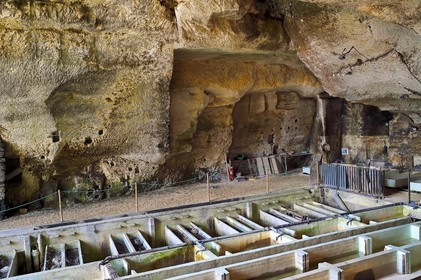 France, Dordogne (24), Brantôme, l'abbaye bénédictine Saint-Pierre de Brantôme, vestiges du premier monastère aménagé dans les grottes au pied de la falaise, pisciculture de truites fario
