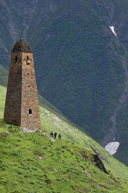 Géorgie, Kakheti, Parc national de Touchétie, vallée de la rivière Alazani dans les montagnes de Pirikiti, tour défensive médiévale de l'ancien village de Parsma (Baso)