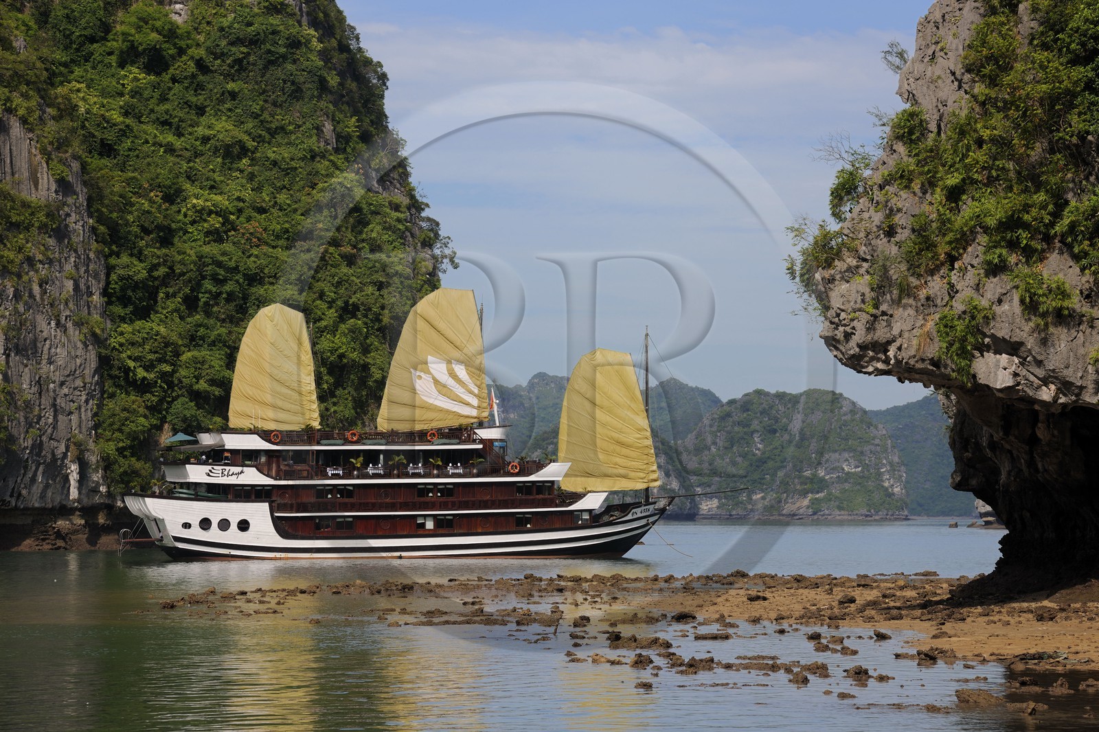 Vietnam, province de Quang Ninh, la Baie d'Halong classée Patrimoine Mondial de l'UNESCO, jonque de la compagnie de croisière Bahya à l'ile de Bo Hon