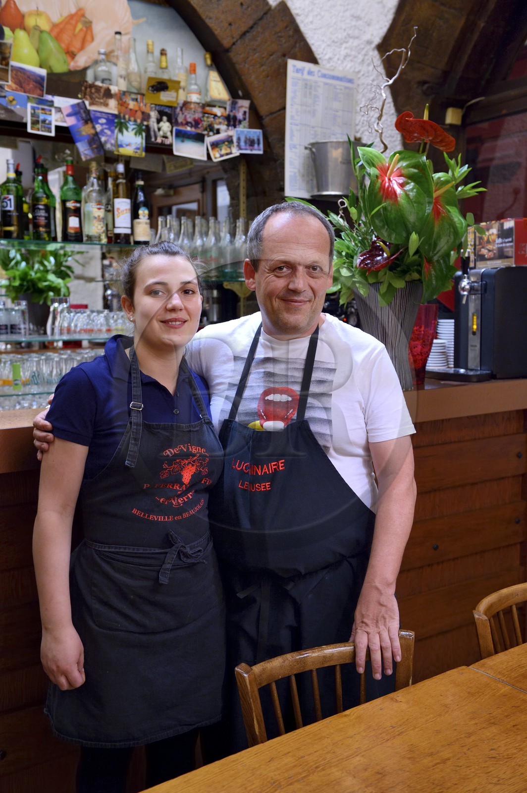 France, Rhône (69), Lyon, site historique classé Patrimoine Mondial de l'UNESCO, bouchon lyonnais le Musée rue des Forces, le patron Luc Minaire et sa fille Maude