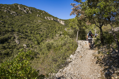France, Hérault (34), Causses et les Cévennes, paysage culturel de l'agro-pastoralisme méditerranéen, classés Patrimoine Mondial de l'UNESCO, Saint-Guilhem-le-Désert, labellisé Les Plus Beaux Villages de France, randonneurs sur la Via Tolosana sur le Chemin de Saint-Jacques-de-Compostelle dans la vallée du Verdus