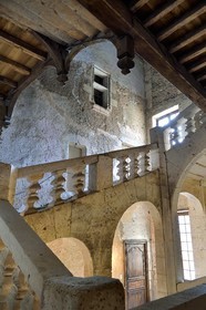 France, Dordogne (24), Périgord Vert, Saint-Jean-de-Côle, labellisé Les Plus Beaux Villages de France, le Chateau de la Marthonye ou Marthonie, le grand escalier XVIIème siècle et l'ancienne façade du chateau du Xvème siècle