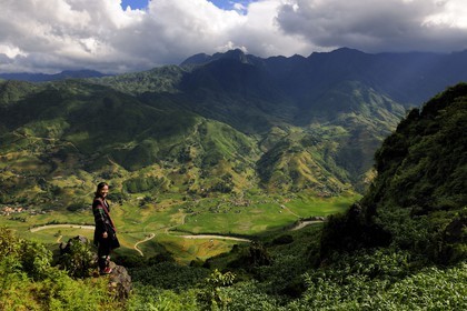 Vietnam, province de Lao Cai, région de Sapa, jeune femme de la minorité Hmong Noir surplombant sa vallée de Hau Thao