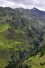 Géorgie, Kakheti, Parc national de Touchétie, vallée de la rivière Alazani dans les montagnes de Pirikiti, hameau à l'Est du village de Dartlo, ruines de tours médiévales fortifiées