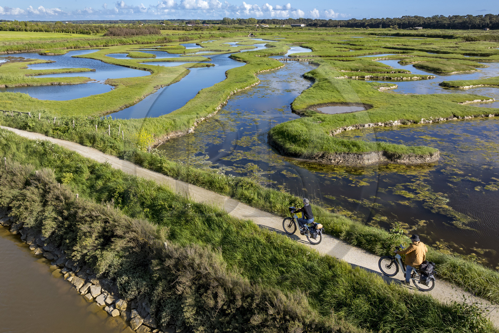France, Vendée (85), Talmont-Saint-Hilaire, marais de la Guittière dans l'arrière pays de la Pointe du Payré, cycliste sur la piste de la véloroute Vendée Vélo Tour et Vélodyssée au passage du Cul d’Ane, marais aménagés pour la pisciculture de dorades, mulets et anguilles (vue aérienne)