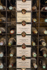 France, Côte-d'Or (21), Paysage culturel des climats de Bourgogne classés Patrimoine Mondial de l'UNESCO, Route des Grands Crus, vignoble de la Côte de Nuits, Vougeot, le Chateau du Clos de Vougeot, oenothèque dans le cellier du château du Clos de Vougeot avec les plaques des tastevinages annuels