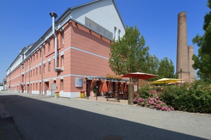 France, Haut-Rhin (68), Mulhouse, la Fabrique et cheminées en brique d'anciens batiments industriels dans le quartier de la Mer Rouge