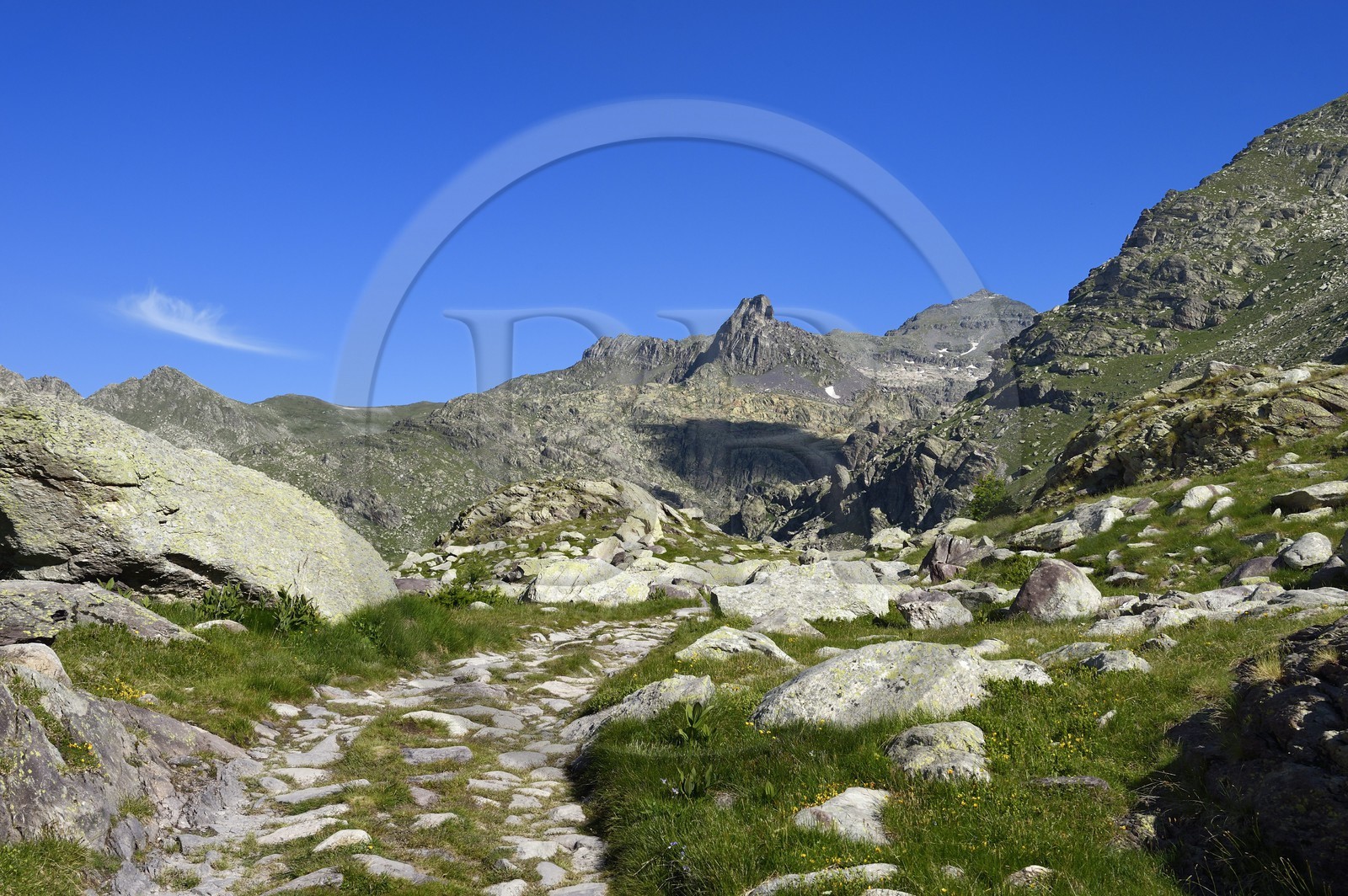 France, Alpes-Maritimes (06), parc national du Mercantour, Vallée des Merveilles parsemée de milliers de gravures rupestres de l'Age de bronze, la piste qui mêne au refuge des Merveilles au pied du Mont Bégo (2872m) à droite, le Mont des Merveilles (2720m) en arrière plan