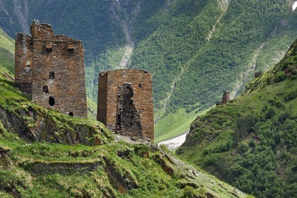 Géorgie, Kakheti, Parc national de Touchétie, vallée de la rivière Alazani dans les montagnes de Pirikiti, ensemble de tours défensives médiévales de l'ancien village de Parsma (Baso)