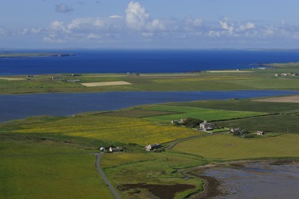 Royaume-Uni, Ecosse, Iles Orcades, Ile de Mainland, champs et fermes éparses (vue aérienne)