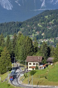 Suisse, canton de Vaud, Villars-sur-Ollon, train qui rejoint la gare du col de Bretaye, arrêt du restaurant du Col de Soud