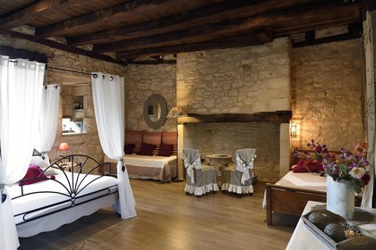 France, Dordogne (24), Périgord Noir, vallée de la Vézère, Valojoulx, gite La Licorne, chambre à coucher