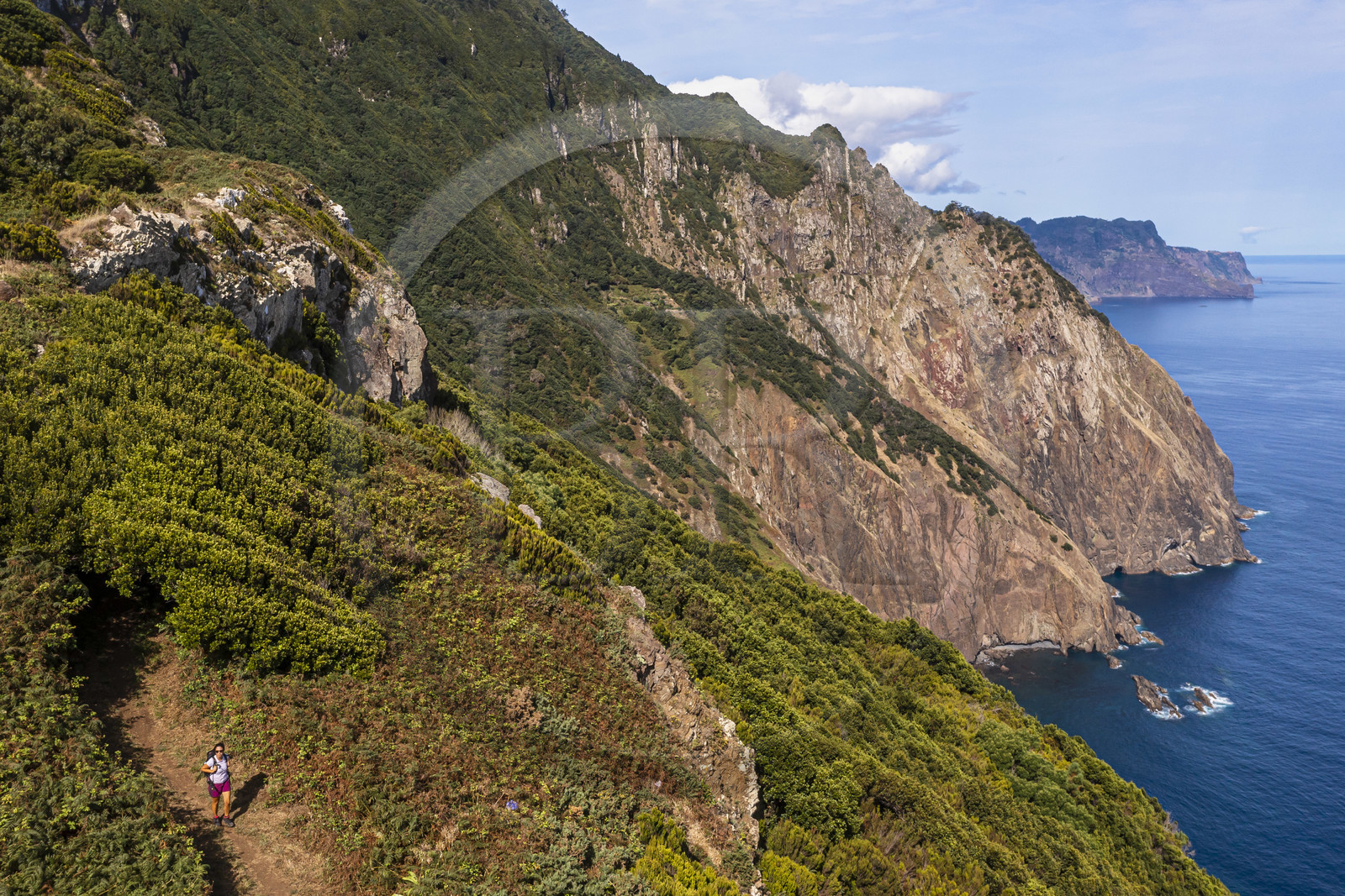 Portugal, Ile de Madère, randonnée de Machico à Porto da Cruz par le Vereda do Larano, au col de Boca do Risco (vue aérienne)
