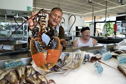 France, Var (83), Saint-Raphaël, le marché des pêcheurs, les pêcheurs Astrio à gauche et Gilbert à droite