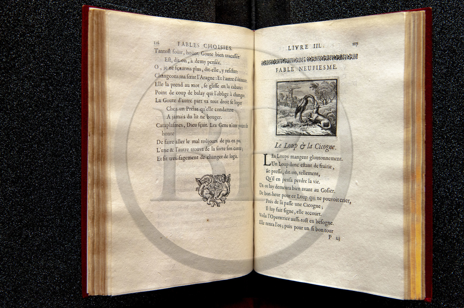 France, Aisne (02), Château-Thierry, Musée Jean de La Fontaine - Ville de Chateau-Thierry, première édition du livre des Fables de La Fontaine, Edition Claude Barbin et Denys Thierry, 1668, in-4, illustrées par François Chauveau, Le Loup et la Cigogne fable IX du livre III