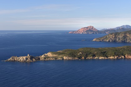 France, Corse-du-Sud (2A), Cargèse, la tour génoise de la pointe d'Omigna et le Capo Rosso en arrière plan (vue aérienne)