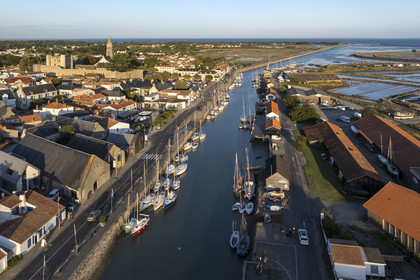 France, Vendée (85), Ile de Noirmoutier, Noirmoutier-en-l'Ile, port d'échouage dans l'Etier du Moulin, le château médiéval et l'église Saint-Philbert en arrière plan (vue aérienne)
