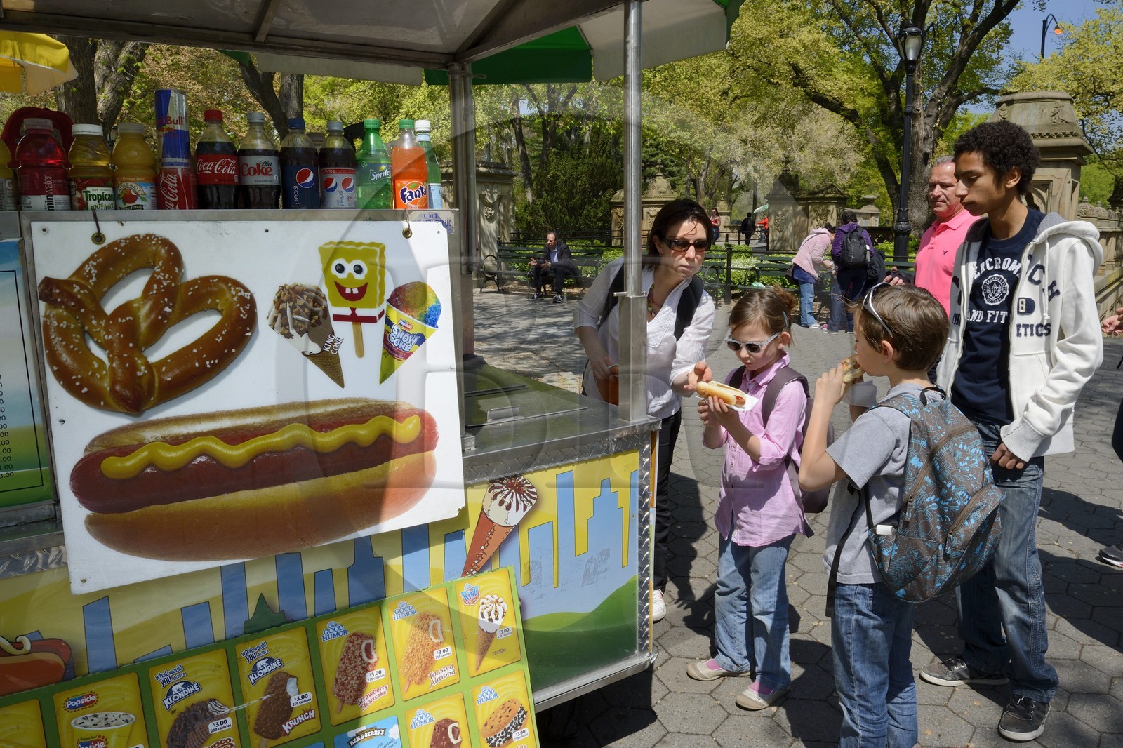 Etats-Unis, New York, Manhattan, Central Park, vendeur ambulant de Hot Dog, boissons et de glaces